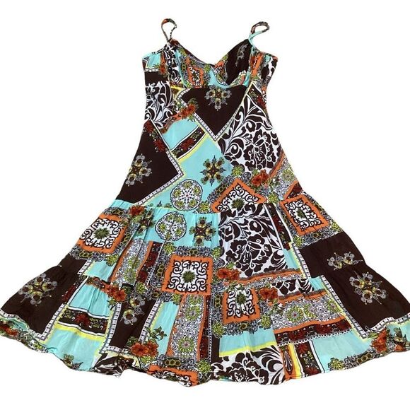 Lily A-Line Strap Brown Orange & Teal Patchwork Summer Midi Dress Size Large - Picture 4 of 11